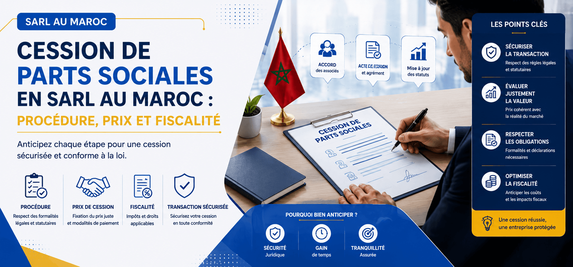 Cession de parts sociales en SARL au Maroc : procédure, prix et fiscalité